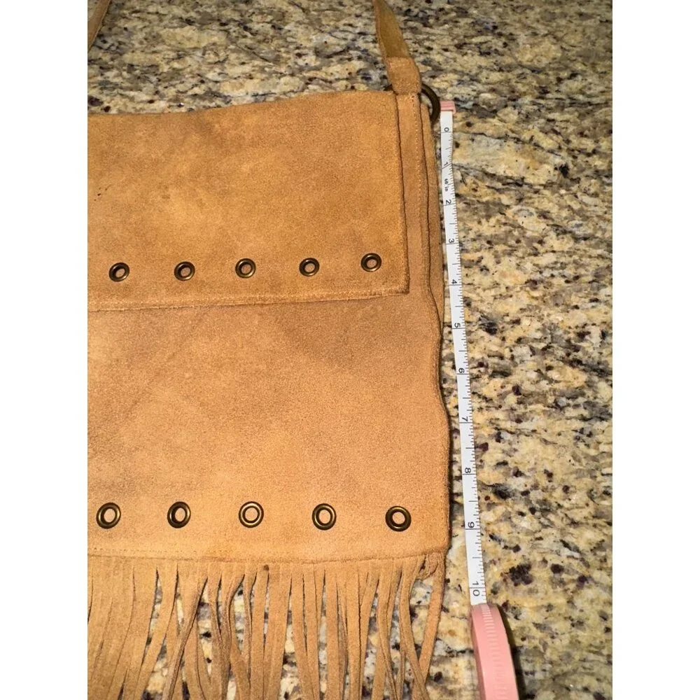 Vintage Tan Suede Leather Hippie Boho Coastal Cowgirl Fringe Crossbody Bag Rivet